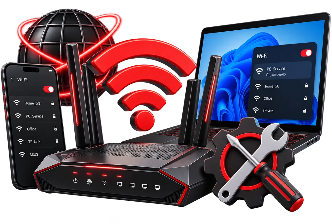 Wi-Fi роутер, ноутбук и телефон для настройки сети