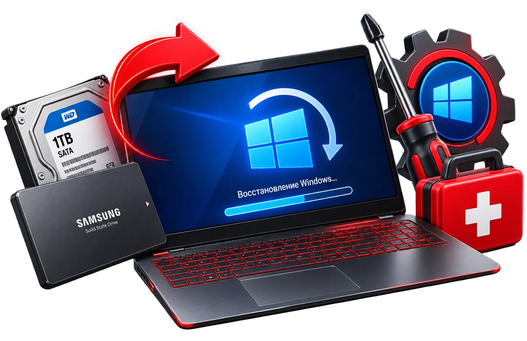 Ноутбук и накопители для восстановления Windows